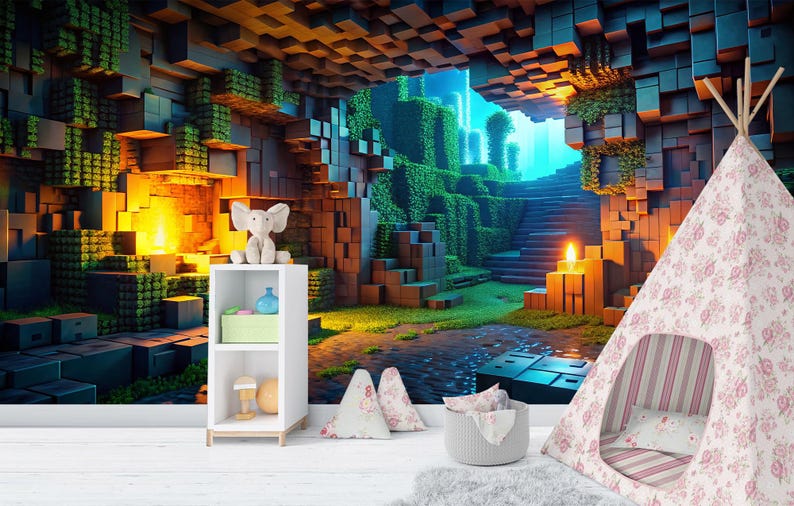May include: A whimsical scene featuring a child's teepee with a floral pattern, set against a vibrant, pixelated landscape. A white bookshelf holds decorative items, and pillows and a rug add to the playful atmosphere.