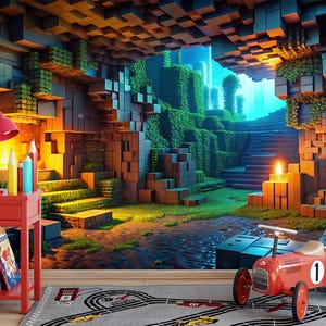 May include: A vibrant, digitally rendered scene featuring a red toy race car on a gray race track rug. A red side table with a lamp and books sits near a signpost with directional arrows. The background depicts a pixelated landscape.