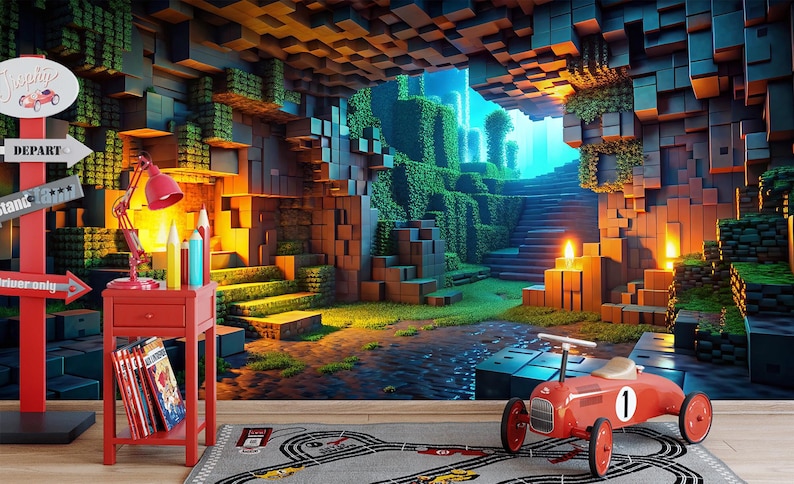 May include: A vibrant, digitally rendered scene featuring a red toy race car on a gray race track rug. A red side table with a lamp and books sits near a signpost with directional arrows. The background depicts a pixelated landscape.
