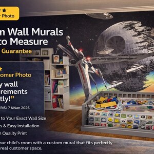 May include: A custom wall mural featuring a Star Wars theme, including the Death Star and X-wing fighters, installed in a child's room. The text reads "Custom Wall Murals Made to Measure" and "Fits my wall measurements perfectly!"