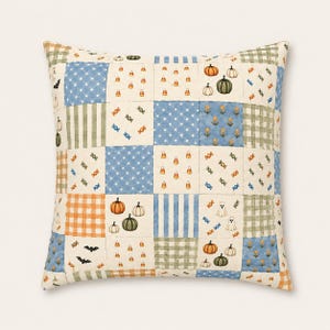 Preppy Halloween Patchwork Pillow Cover, Blue Green Gingham Fall Throw Pillow, Candy Corn Pumpkin Ghost Halloween Decor