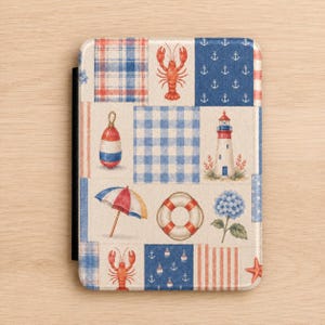 Coastal Patchwork Kindle Case - Nautical Kindle Paperwhite Cover - Lighthouse Lobster Hydrangea Gingham Beach Kindle Cover - Coastal Gift