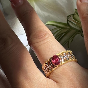 Natural Red Spinel Ring, Two Tone Sterling Silver Ring,  Vintage Filigree ，18K Gold Plated S925,  Unique Gemstone Ring