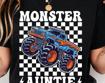 Diseño digital PNG de Monster Auntie, camiseta retro de camión para tía, regalo divertido para tía, estampado a cuadros de carreras, gráfico vintage, moda femenina, sublimación, descarga
