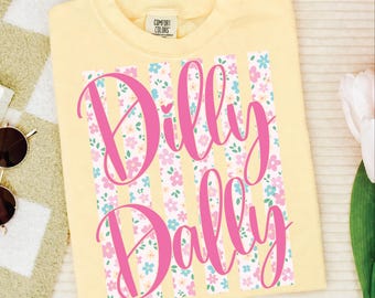 Dilly Dally PNG, Preppy Floral Striped PNG, Diseño femenino de primavera y verano, Script rosa moderno PNG, Descarga para sublimación, Estética linda