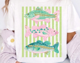 Preppy Fish PNG Bass Coastal Beach Clipart Pastel Nautical Fish Design Pink Teal Summer Ocean Striped Sublimation Download