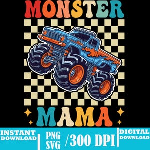 May include: A retro-style graphic featuring a blue monster truck with orange flames and large black tires. The text "MONSTER MAMA" is displayed above and below the truck in colorful, vintage lettering. A checkered pattern fills the background.