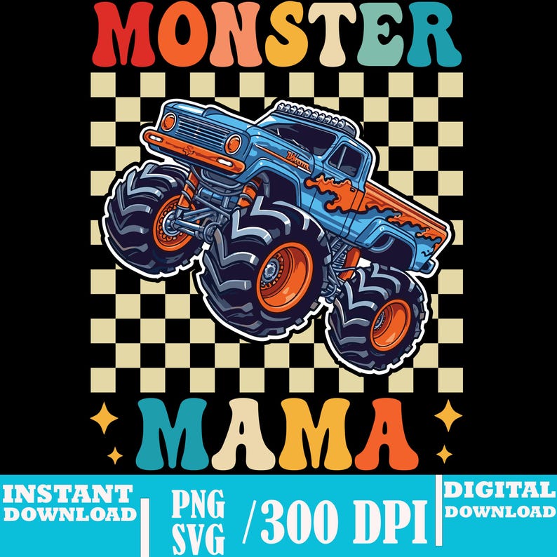 May include: A retro-style graphic featuring a blue monster truck with orange flames and large black tires. The text "MONSTER MAMA" is displayed above and below the truck in colorful, vintage lettering. A checkered pattern fills the background.