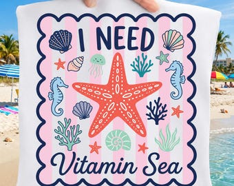 Ho bisogno di vitamina mare PNG, design per maglietta da spiaggia preppy, grafica estiva boho costiera, sublimazione a stella marina sull'oceano, design per maglietta da vacanza femminile