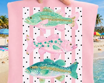 Preppy Fish PNG Bass Coastal Beach Clipart Pastel Navel Fish Design Pink Teal Summer Ocean Striped Sublimation Download