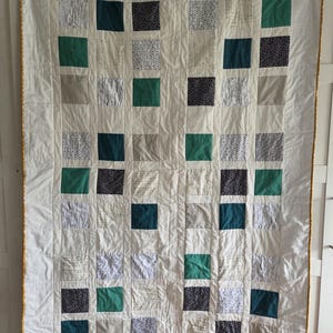 Handmade Modern Geometric Throw Quilt - Emerald, Black and White Patchwork - 52" x 68"