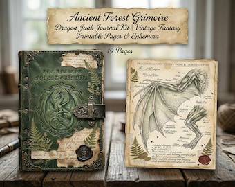 Zestaw do dziennika „Starożytny Las” z Grimoire Dragon Junk | Strony do druku i efemerydy w stylu vintage fantasy