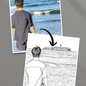 Puede incluir: Una fotografía y un dibujo lineal en blanco y negro de una persona en la playa, frente al mar. La fotografía muestra a la persona con una camisa oscura y pantalones cortos. El dibujo representa la misma escena, con un faro en una pequeña isla a lo lejos.