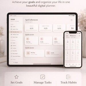 Puede incluir: Interfaz de planificador digital en tableta y smartphone. La pantalla muestra calendario, objetivos, hábitos y listas de tareas. El texto dice "All-in-One Productivity System" y "Set Goals, Manage Tasks, Track Habits."