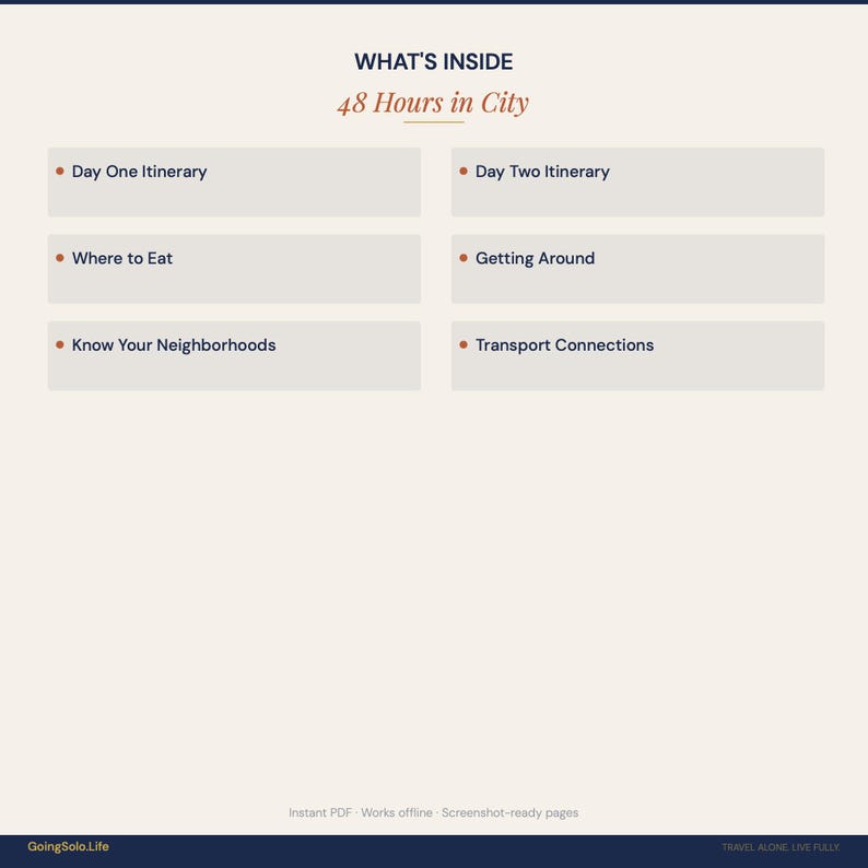 Pu&ograve; includere: Un documento digitale intitolato WHAT'S INSIDE 48 Hours in City. Elenca sei sezioni: Day One Itinerary, Day Two Itinerary, Where to Eat, Getting Around, Know Your Neighborhoods e Transport Connections. Il pi&egrave; di pagina include GoingSolo.Life.