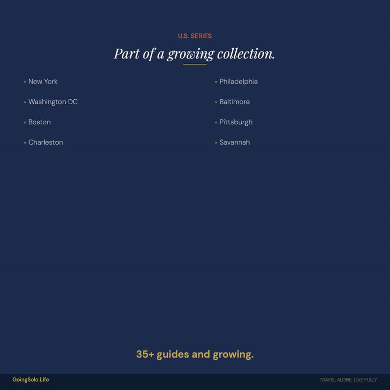 May include: Dark blue graphic with text that reads "U.S. SERIES Part of a growing collection." and lists cities: New York, Washington DC, Boston, Charleston, Philadelphia, Baltimore, Pittsburgh, and Savannah. The text "35+ guides and growing" is also present.