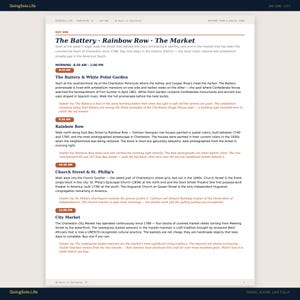 Op de afbeelding: Een webpagina genaamd "GoingSolo.Life" met een reisroute voor Charleston, SC. De pagina beschrijft een dagtrip, inclusief The Battery, Rainbow Row en City Market, met tekst en tijdstippen.