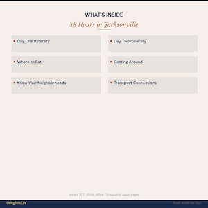 Pu&ograve; includere: Un documento digitale intitolato WHAT'S INSIDE 48 Hours in Jacksonville. Elenca sei sezioni: Day One Itinerary, Day Two Itinerary, Where to Eat, Getting Around, Know Your Neighborhoods e Transport Connections. Il pi&egrave; di pagina riporta GoingSolo.Life.