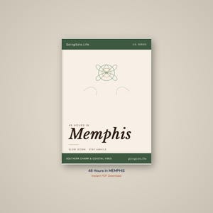 Puede incluir: Una portada de gu&iacute;a de viaje color crema con el t&iacute;tulo "48 Hours in Memphis" en una fuente serif. La portada tiene detalles en verde oscuro. El texto "GoingSolo.Life" y "U.S. SERIES" est&aacute;n en la parte superior. La parte inferior dice "Southern Charm & Coastal Vibes."