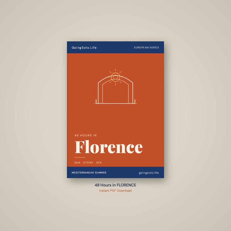 May include: A rectangular digital guide cover with a burnt orange background and dark blue horizontal bands at the top and bottom. It features a white line-art icon of an archway, the text 48 HOURS IN Florence, and the words SUN STONE SEA.