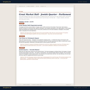 May include: A travel guide webpage from GoingSolo.Life, detailing a day in Budapest. It features information on the Great Market Hall, Jewish Quarter, and Parliament, with timings and descriptions of each location.