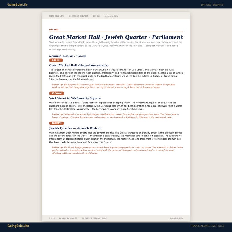 May include: A travel guide webpage from GoingSolo.Life, detailing a day in Budapest. It features information on the Great Market Hall, Jewish Quarter, and Parliament, with timings and descriptions of each location.