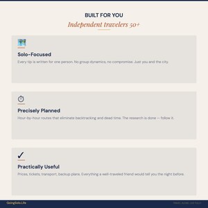 Op de afbeelding: Een informatieve afbeelding getiteld BUILT FOR YOU Independent travelers 50+ met drie secties: Solo-Focused met een persoonsicoon, Precisely Planned met een klokicoon en Practically Useful met een vinkje. Voettekst: GoingSolo.Life.