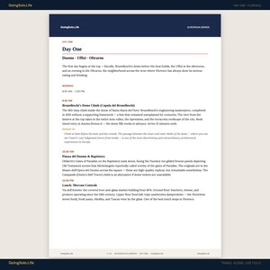 May include: A digital travel itinerary document titled Day One Florence from the GoingSolo.Life European Series. The page outlines a morning schedule including visits to Brunelleschi's Dome, the Piazza del Duomo, and lunch at Mercato Centrale.