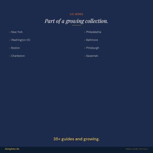 Op de afbeelding: Een donkerblauwe grafische poster met de titel U.S. SERIES Part of a growing collection. Het bevat een lijst met steden waaronder New York, Washington DC, Boston, Charleston, Philadelphia, Baltimore, Pittsburgh en Savannah. Onderaan staat 35+ guides and growing.