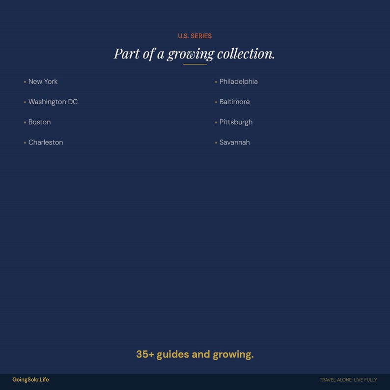 Op de afbeelding: Een donkerblauwe grafische poster met de titel U.S. SERIES Part of a growing collection. Het bevat een lijst met steden waaronder New York, Washington DC, Boston, Charleston, Philadelphia, Baltimore, Pittsburgh en Savannah. Onderaan staat 35+ guides and growing.