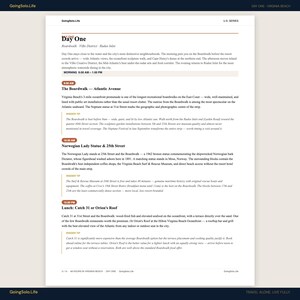 May include: A webpage from GoingSolo.Life, titled "Day One", detailing a Virginia Beach itinerary. The page includes sections on the Boardwalk, Norwegian Lady Statue, and lunch options, with text and a U.S. Series header.