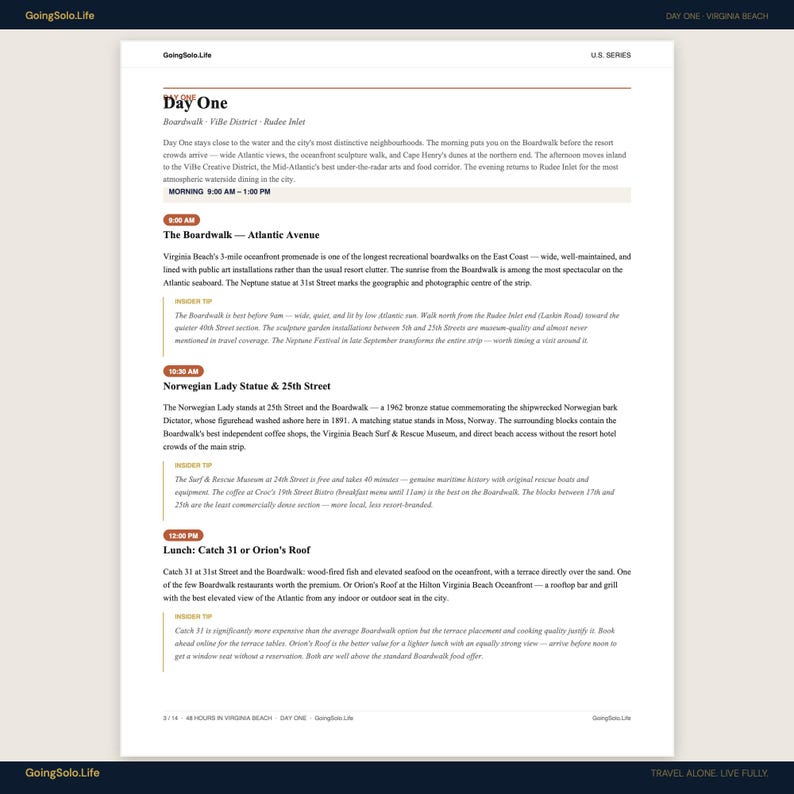 May include: A webpage from GoingSolo.Life, titled "Day One", detailing a Virginia Beach itinerary. The page includes sections on the Boardwalk, Norwegian Lady Statue, and lunch options, with text and a U.S. Series header.