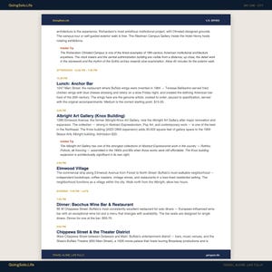 May include: A travel itinerary document titled GoingSolo.Life U.S. Series Day One City. The text outlines a schedule including the Richardson Olmsted Campus, Anchor Bar, Albright Art Gallery, Elmwood Village, Bacchus Wine Bar, and Theater District.