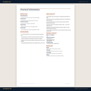 May include: A printed page titled "Practical Information" with sections on where to stay, getting around, safety tips, emergency contacts, and a budget guide. The page has a cream background with black text.