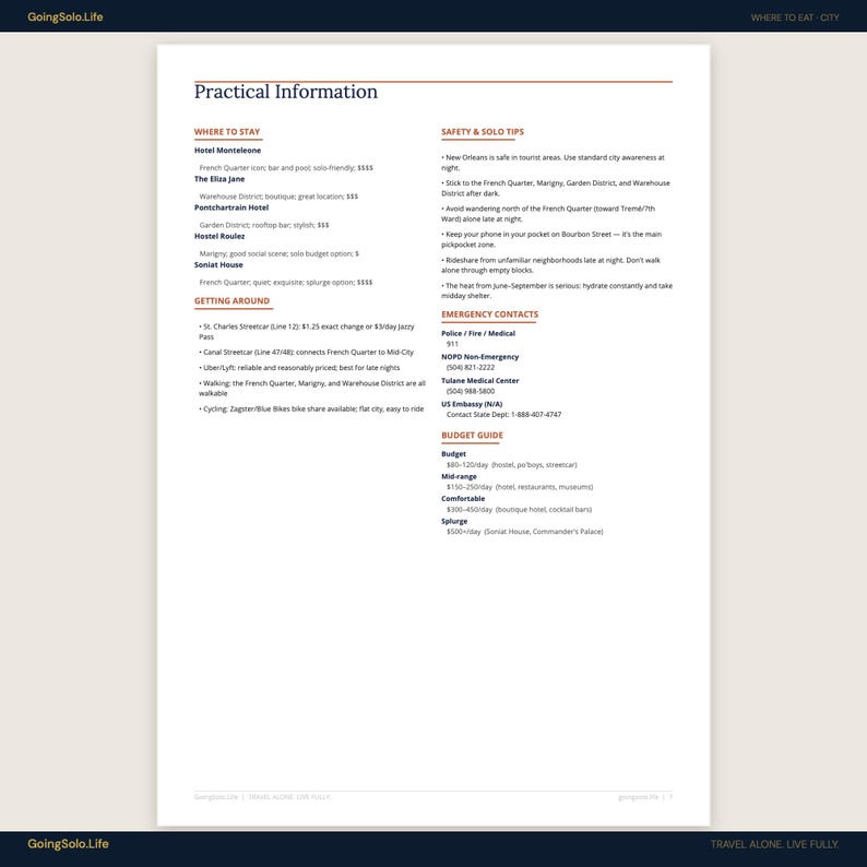 May include: A printed page titled "Practical Information" with sections on where to stay, getting around, safety tips, emergency contacts, and a budget guide. The page has a cream background with black text.