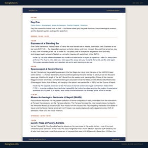 May include: A digital travel itinerary document titled Day One City from the European Series by GoingSolo.Life. The text outlines a walking tour of Naples, Italy, including stops at Gran Caffe Gambrinus, Spaccanapoli, and the Museo Archeologico Nazionale.