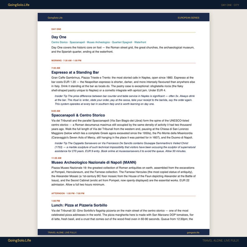 May include: A digital travel itinerary document titled Day One City from the European Series by GoingSolo.Life. The text outlines a walking tour of Naples, Italy, including stops at Gran Caffe Gambrinus, Spaccanapoli, and the Museo Archeologico Nazionale.