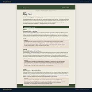 May include: A webpage titled "GoingSolo.Life" with a dark green header and a white background. The page details a day trip in Salzburg, Austria, including information on Mirabell Palace & Gardens, Mozart's Birthplace, and Getreidegasse.