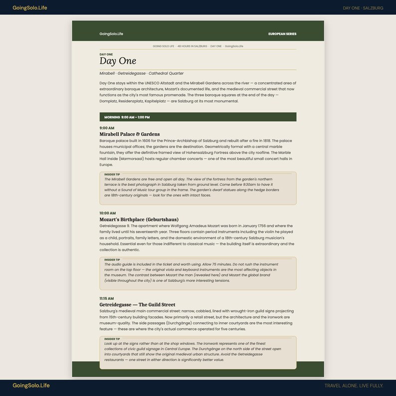 May include: A webpage titled "GoingSolo.Life" with a dark green header and a white background. The page details a day trip in Salzburg, Austria, including information on Mirabell Palace & Gardens, Mozart's Birthplace, and Getreidegasse.
