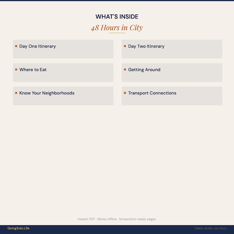 Pu&ograve; includere: Un documento digitale intitolato WHAT'S INSIDE 48 Hours in City. Elenca sei sezioni: Day One Itinerary, Day Two Itinerary, Where to Eat, Getting Around, Know Your Neighborhoods e Transport Connections. Il pi&egrave; di pagina include GoingSolo.Life.