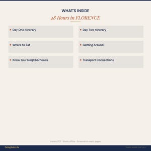 May include: A digital document titled WHAT'S INSIDE 48 Hours in FLORENCE. It lists six sections: Day One Itinerary, Day Two Itinerary, Where to Eat, Getting Around, Know Your Neighborhoods, and Transport Connections. The footer reads GoingSolo.Life.