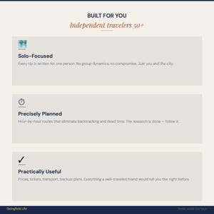 Puede incluir: Gr&aacute;fico color crema con texto "BUILT FOR YOU" y "Independent travelers 50+". Debajo, tres secciones: "Solo-Focused", "Precisely Planned" y "Practically Useful". El sitio web GoingSolo.Life est&aacute; en la parte inferior.