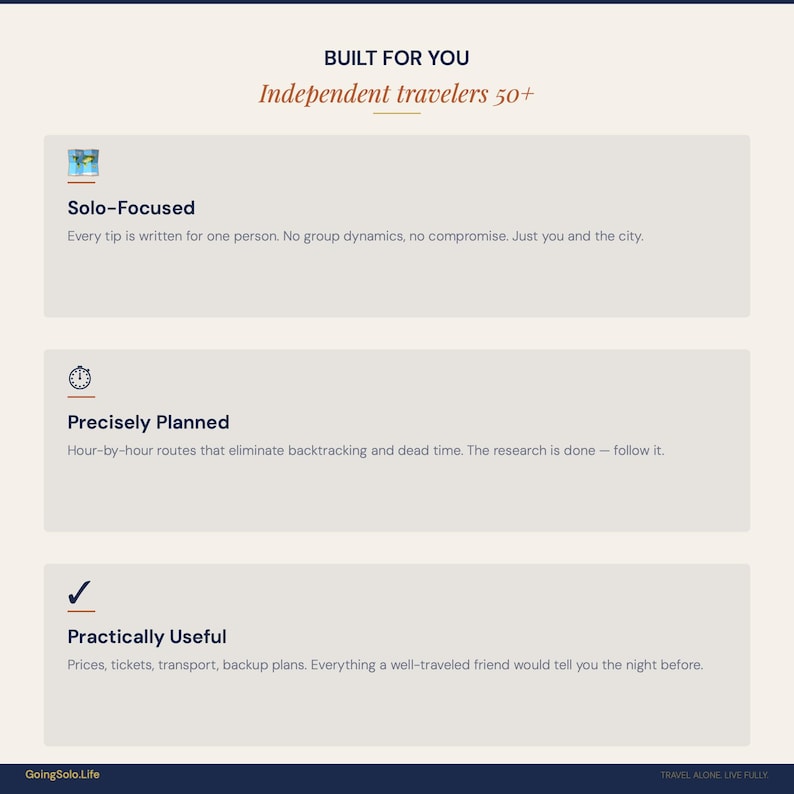 Puede incluir: Gr&aacute;fico color crema con texto "BUILT FOR YOU" y "Independent travelers 50+". Debajo, tres secciones: "Solo-Focused", "Precisely Planned" y "Practically Useful". El sitio web GoingSolo.Life est&aacute; en la parte inferior.