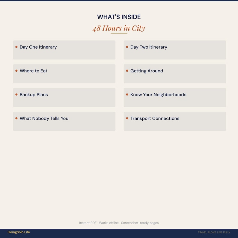 May include: A digital guide titled "48 Hours in City" with a list of topics including itineraries, dining, and transport. The guide's layout is clean, with text in a serif font and bullet points. The color scheme is neutral with a dark blue header.