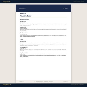 May include: A white informational document titled Atlanta's Table from the GoingSolo.Life U.S. Series. The text lists various breakfast, coffee, and lunch establishments in Atlanta, including Ria's Bluebird, Octane Coffee, and Busy Bee Caf&eacute;.
