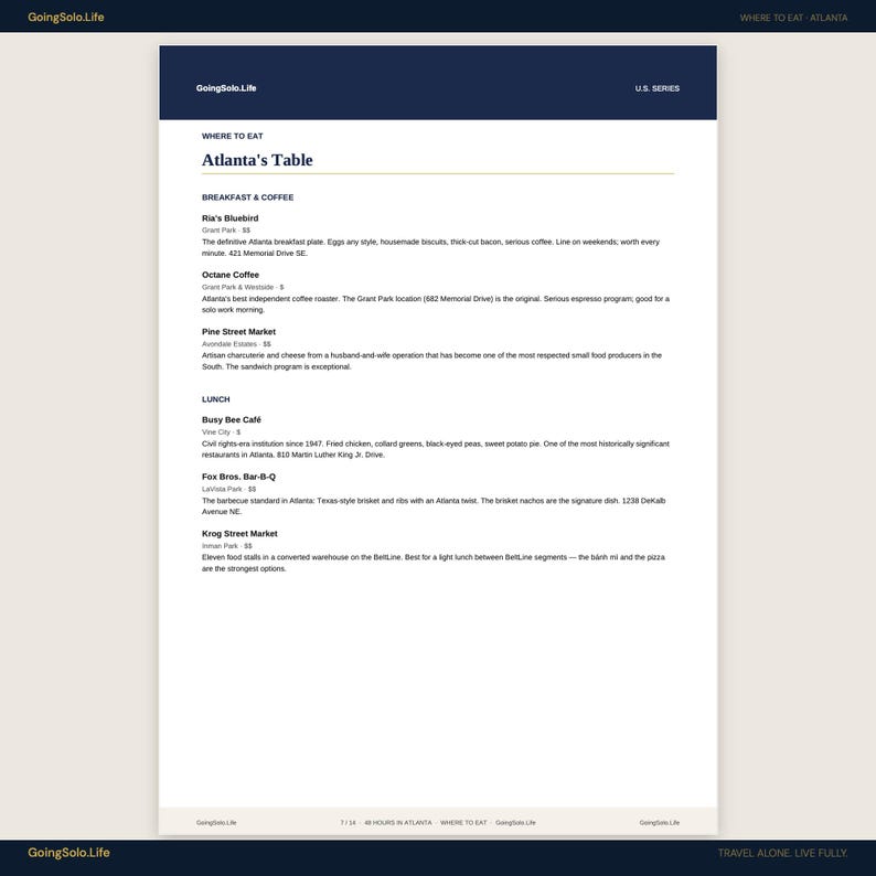 May include: A white informational document titled Atlanta's Table from the GoingSolo.Life U.S. Series. The text lists various breakfast, coffee, and lunch establishments in Atlanta, including Ria's Bluebird, Octane Coffee, and Busy Bee Caf&eacute;.