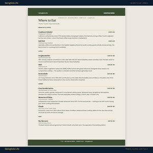 May include: A webpage titled "Where to Eat" with a green header and footer. The page lists various restaurants in Zurich, Switzerland, with brief descriptions and price ranges. The page is part of the European Series.