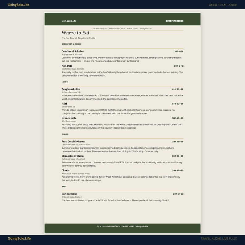 May include: A webpage titled "Where to Eat" with a green header and footer. The page lists various restaurants in Zurich, Switzerland, with brief descriptions and price ranges. The page is part of the European Series.