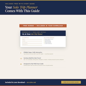 Pu&ograve; includere: Un documento digitale per la pianificazione di viaggi in solitaria con un'intestazione blu scuro contenente il testo My 48-Hour Solo Trip Planner, GOINGSOLO.LIFE e TRAVEL ALONE. LIVE FULLY. Il layout include sezioni per l'essenziale e promemoria.