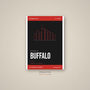 May include: A rectangular travel guide cover with a black centre and red top and bottom borders. The text reads GoingSolo.Life, U.S. Series, 48 Hours in Buffalo, Terminal to Terminal, and The Northeast Corridor. A red line drawing of a city skyline.